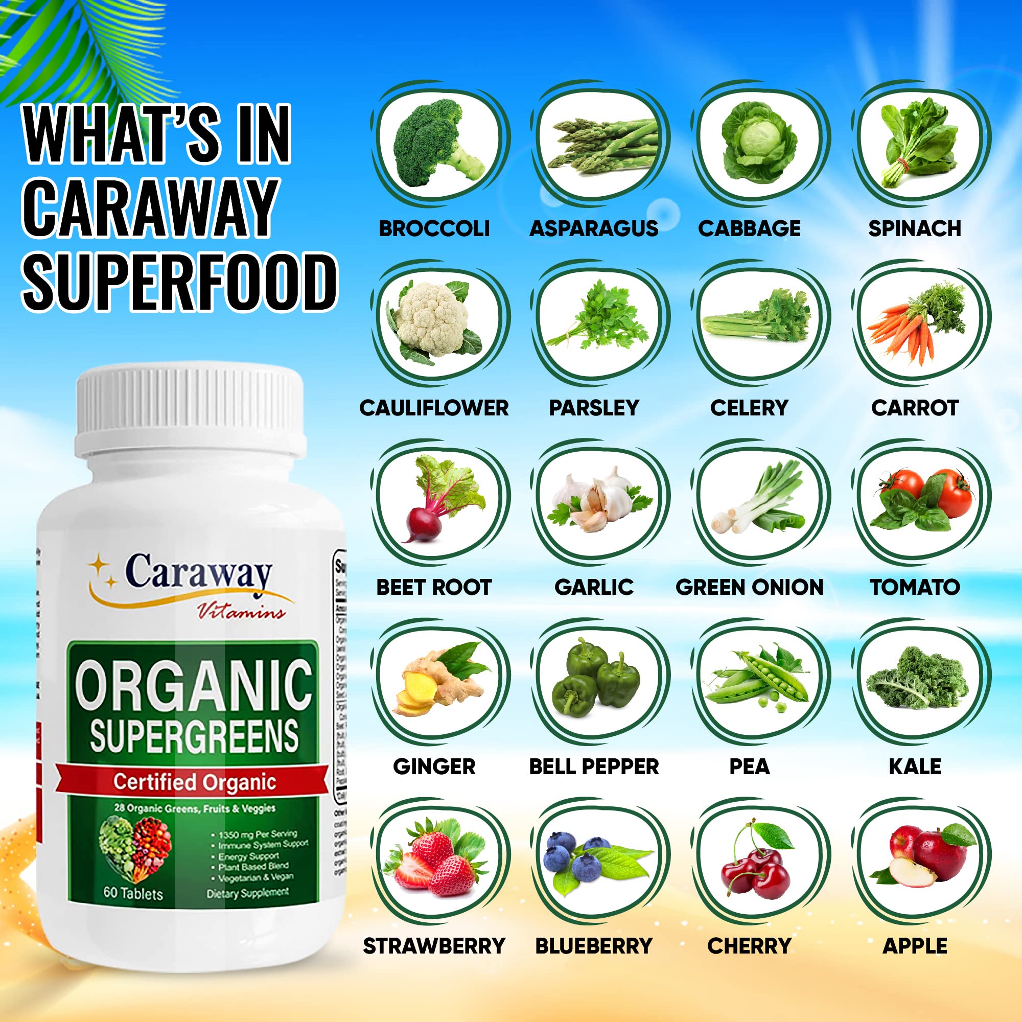 Organic Superfoods Vitamins Super Greens Complex by Caraway Vitamins 1,350 mg per Serving 28 Fruits Vegetables Greens 60 Count Tablets Non-GMO Natural for Men & Women - TrustMedUSA