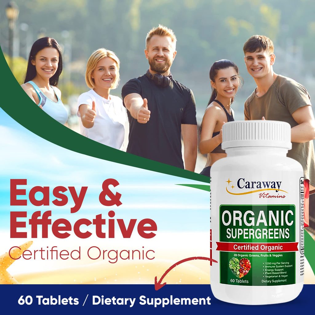 Organic Superfoods Vitamins Super Greens Complex by Caraway Vitamins 1,350 mg per Serving 28 Fruits Vegetables Greens 60 Count Tablets Non-GMO Natural for Men & Women - TrustMedUSA