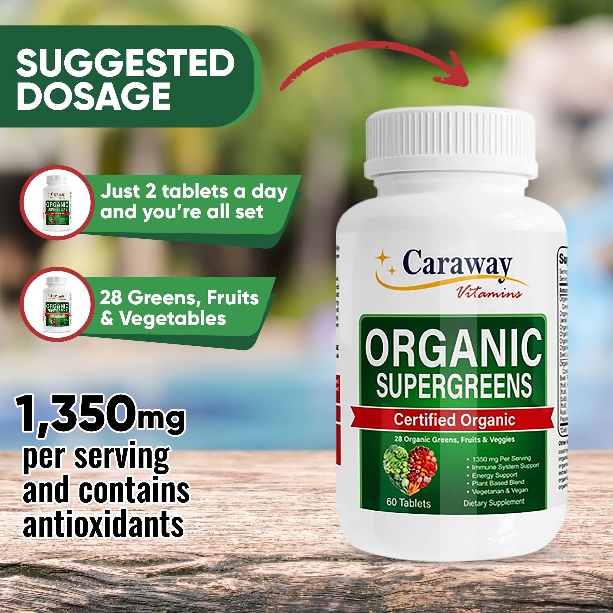 Organic Superfoods Vitamins Super Greens Complex by Caraway Vitamins 1,350 mg per Serving 28 Fruits Vegetables Greens 60 Count Tablets Non-GMO Natural for Men & Women - TrustMedUSA