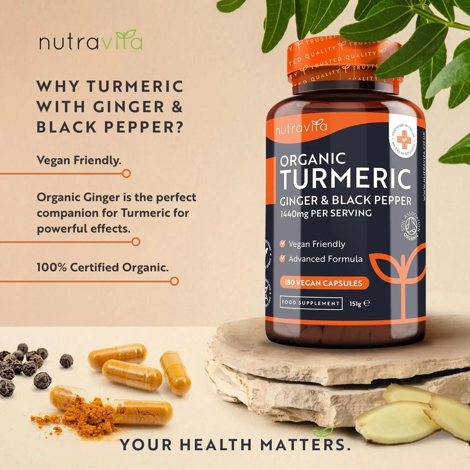Organic Turmeric 1440mg (High Strength) with Black Pepper & Ginger - 180 Vegan Turmeric - TrustMedUSA