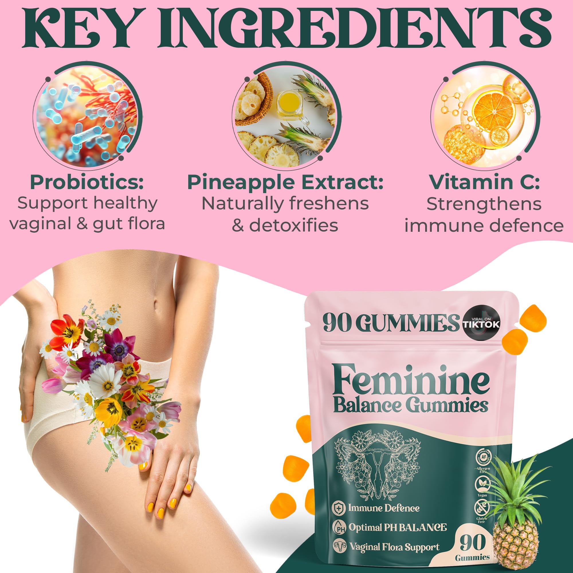 ORGANIC UPLIFT Premium Feminine Balance Gummies - for Women’s Health & Wellness - Immune Support - Vegan, Gluten-Free - Hawaiian Pineapple - 90 Gummies - 45 Servings - TrustMedUSA
