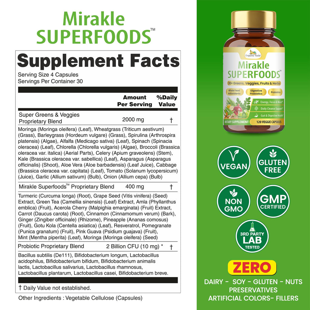 Organic Veda Mirakle Superfoods Greens Capsules - 30+ Daily Greens and Veggies Supplement with Moringa, Spirulina, Chlorella, Turmeric & Herbs, Antioxidants, Resveratrol, Probiotics - 120 Capsule - TrustMedUSA