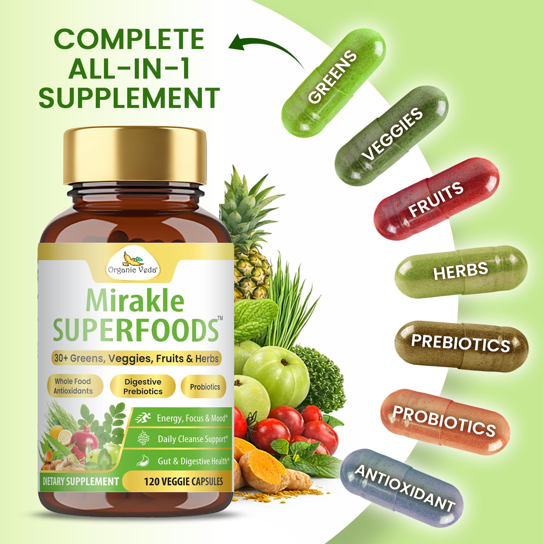 Organic Veda Mirakle Superfoods Greens Capsules - 30+ Daily Greens and Veggies Supplement with Moringa, Spirulina, Chlorella, Turmeric & Herbs, Antioxidants, Resveratrol, Probiotics - 120 Capsule - TrustMedUSA