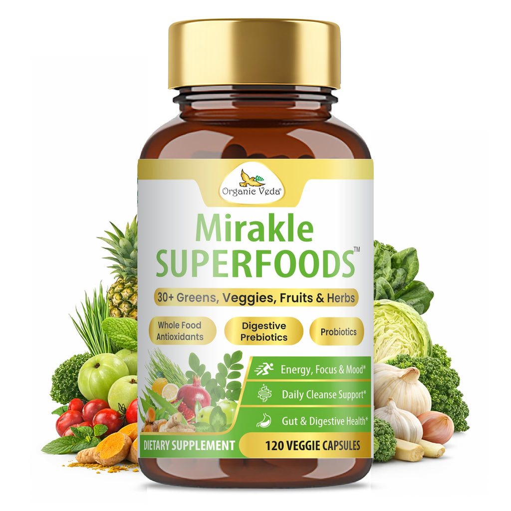 Organic Veda Mirakle Superfoods Greens Capsules - 30+ Daily Greens and Veggies Supplement with Moringa, Spirulina, Chlorella, Turmeric & Herbs, Antioxidants, Resveratrol, Probiotics - 120 Capsule - TrustMedUSA