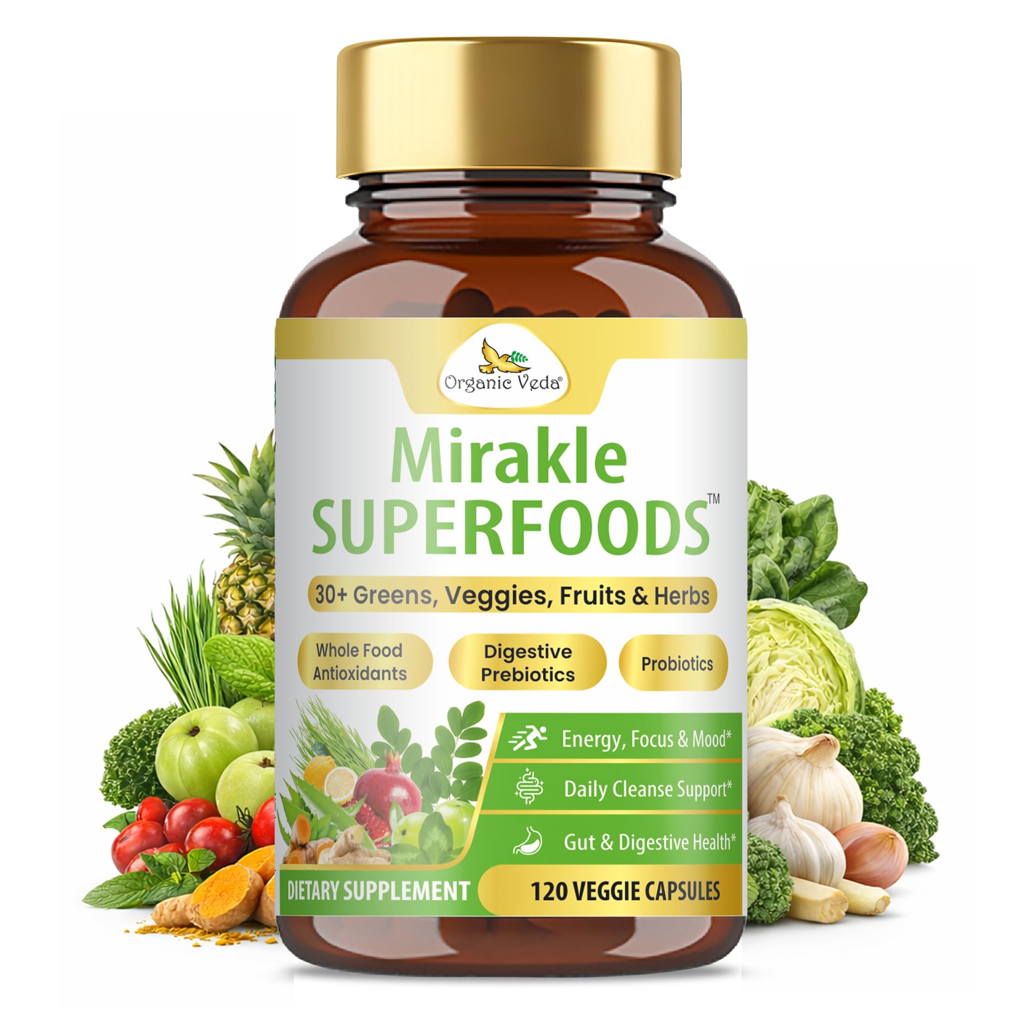 Organic Veda Mirakle Superfoods Greens Capsules - 30+ Daily Greens and Veggies Supplement with Moringa, Spirulina, Chlorella, Turmeric & Herbs, Antioxidants, Resveratrol, Probiotics - 120 Capsule - TrustMedUSA