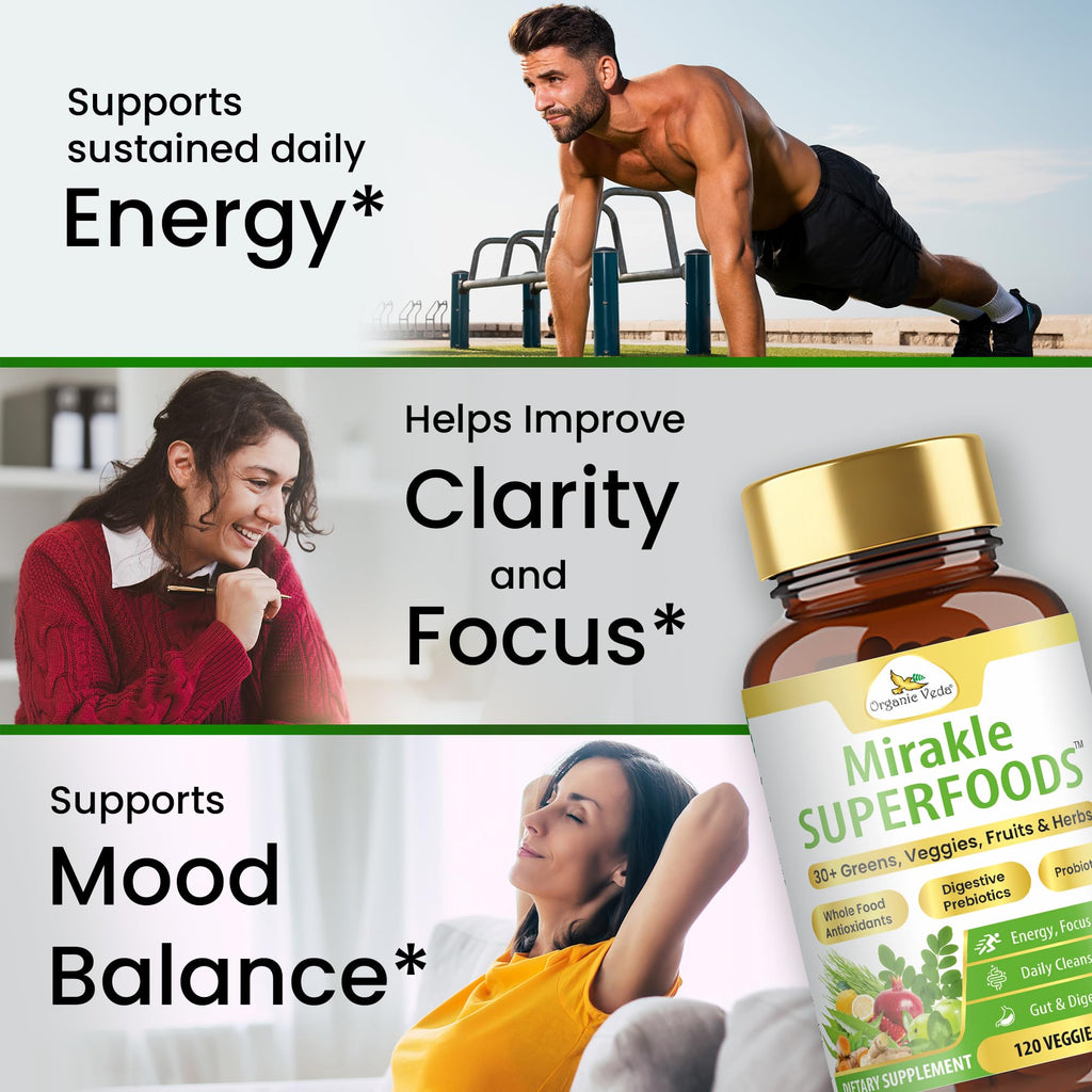 Organic Veda Mirakle Superfoods Greens Capsules - 30+ Daily Greens and Veggies Supplement with Moringa, Spirulina, Chlorella, Turmeric & Herbs, Antioxidants, Resveratrol, Probiotics - 120 Capsule - TrustMedUSA