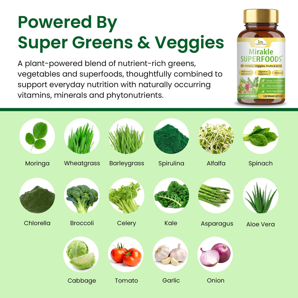 Organic Veda Mirakle Superfoods Greens Capsules - 30+ Daily Greens and Veggies Supplement with Moringa, Spirulina, Chlorella, Turmeric & Herbs, Antioxidants, Resveratrol, Probiotics - 120 Capsule - TrustMedUSA
