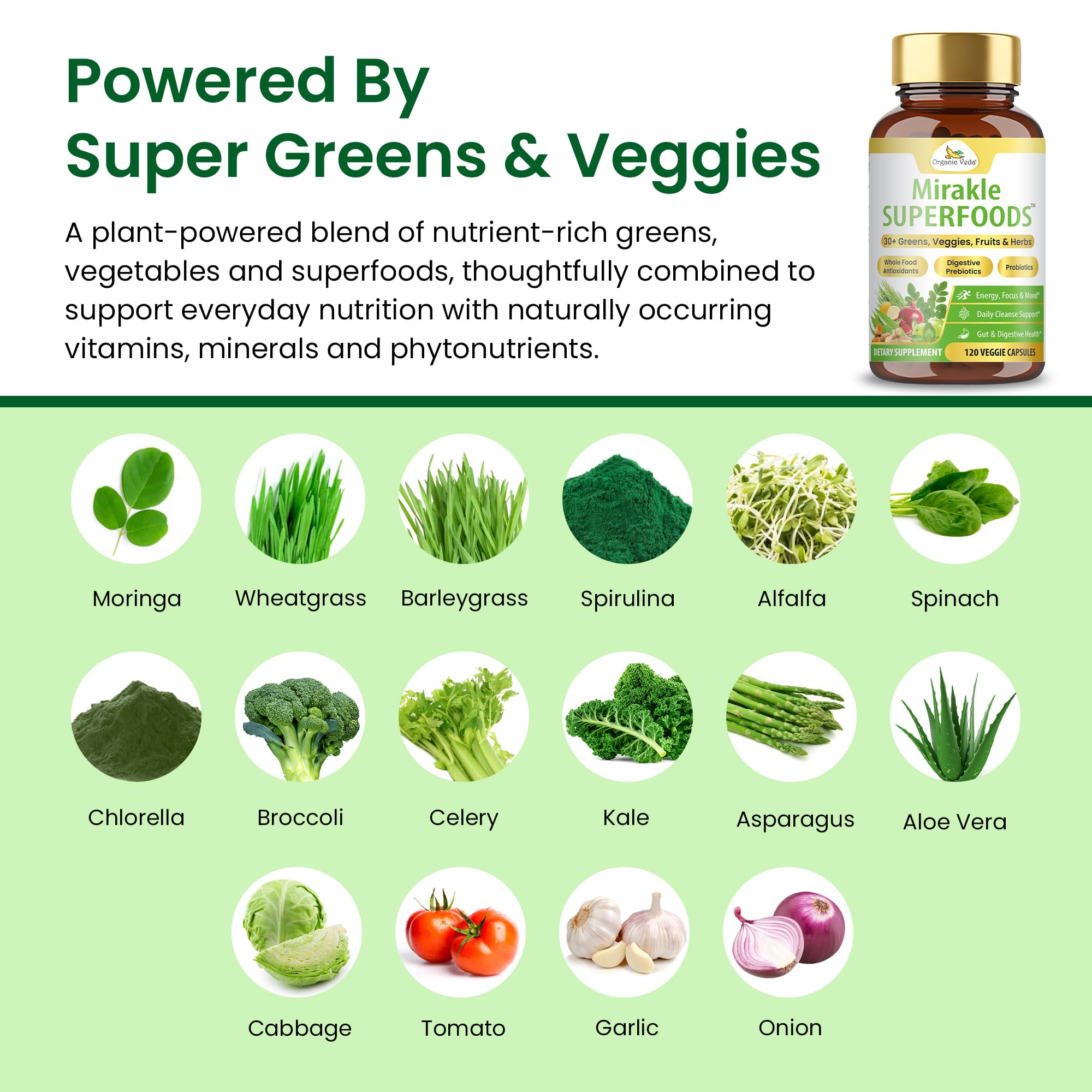Organic Veda Mirakle Superfoods Greens Capsules - 30+ Daily Greens and Veggies Supplement with Moringa, Spirulina, Chlorella, Turmeric & Herbs, Antioxidants, Resveratrol, Probiotics - 120 Capsule - TrustMedUSA