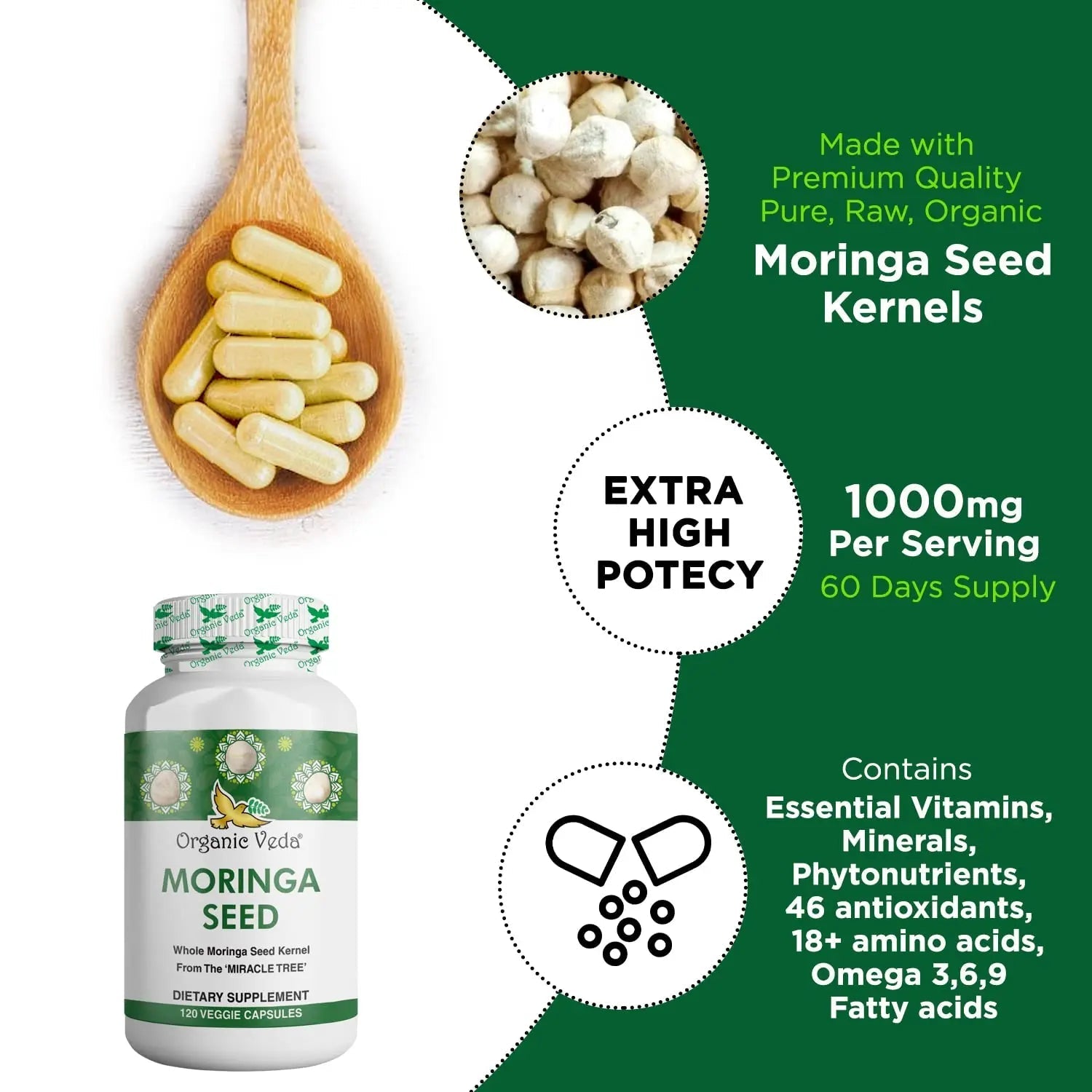 Organic Veda Moringa Seed Capsules - Pure Organic Moringa Capsules Seed Powder - TrustMedUSA