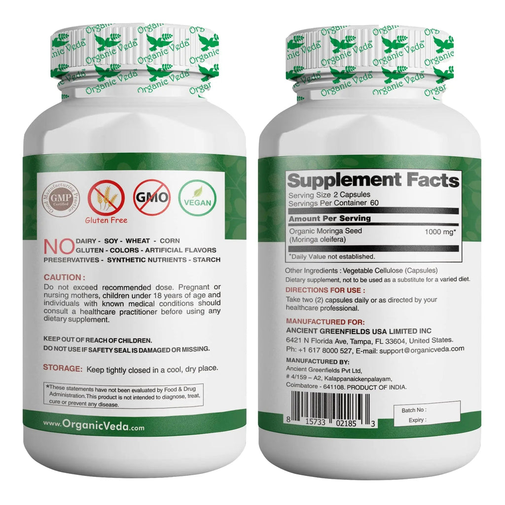 Organic Veda Moringa Seed Capsules - Pure Organic Moringa Capsules Seed Powder - TrustMedUSA