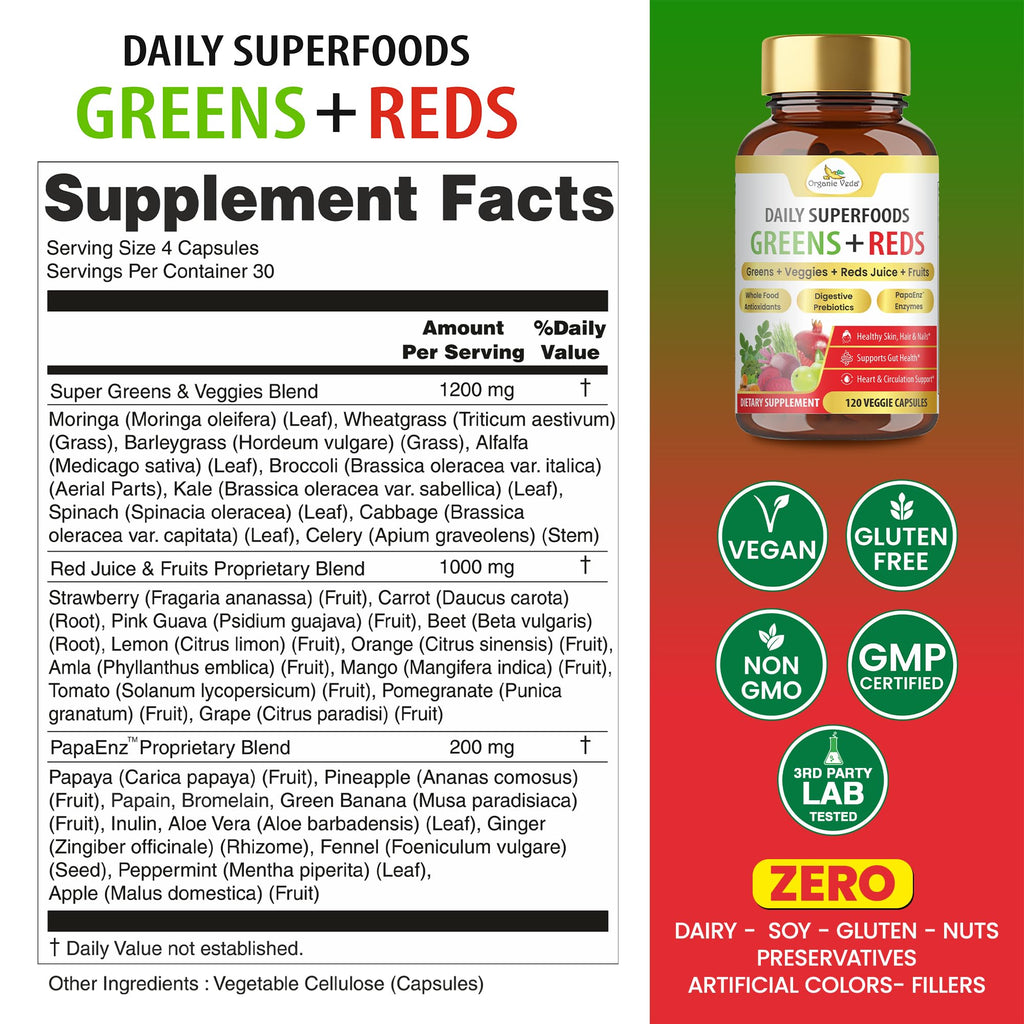 Organic Veda Super Greens & Reds Capsules - Organic Superfoods, Daily Greens, Red Juice, Fruits & Vegetables Supplement - Papaya Enzymes, Digestive Herbs, Bromelain, Antioxidants - 120 Veggie Capsules - TrustMedUSA