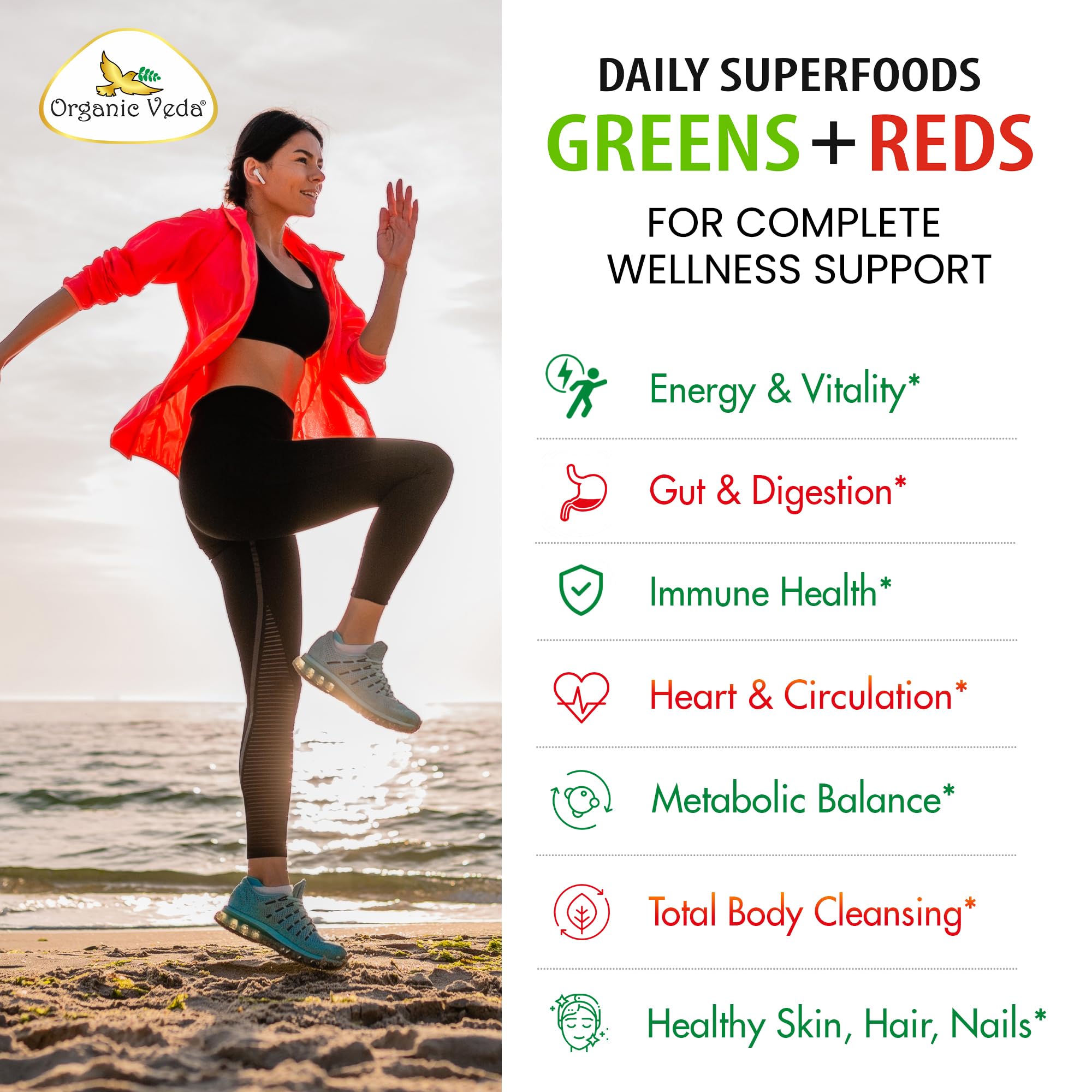 Organic Veda Super Greens & Reds Capsules - Organic Superfoods, Daily Greens, Red Juice, Fruits & Vegetables Supplement - Papaya Enzymes, Digestive Herbs, Bromelain, Antioxidants - 120 Veggie Capsules - TrustMedUSA