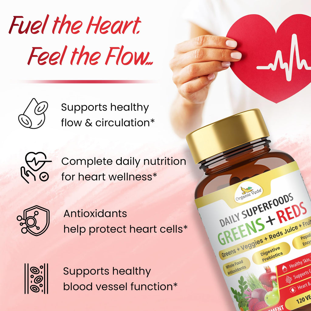 Organic Veda Super Greens & Reds Capsules - Organic Superfoods, Daily Greens, Red Juice, Fruits & Vegetables Supplement - Papaya Enzymes, Digestive Herbs, Bromelain, Antioxidants - 120 Veggie Capsules - TrustMedUSA