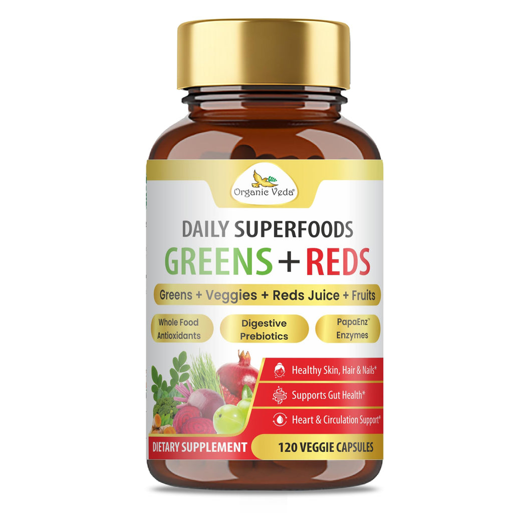 Organic Veda Super Greens & Reds Capsules - Organic Superfoods, Daily Greens, Red Juice, Fruits & Vegetables Supplement - Papaya Enzymes, Digestive Herbs, Bromelain, Antioxidants - 120 Veggie Capsules - TrustMedUSA