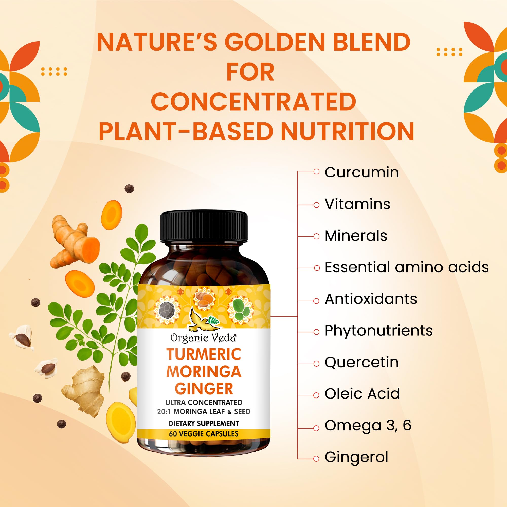 Organic Veda Turmeric Moringa Ginger Capsules - Super Antioxidants & Curcumin Supplement with 20:1 Moringa Leaf & Seed Extract, Black Pepper - Energy, Joints, Heart Health Support - 60 Vegan Pills - TrustMedUSA