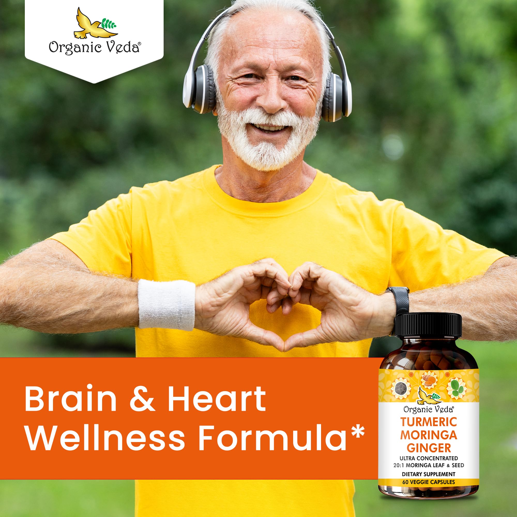 Organic Veda Turmeric Moringa Ginger Capsules - Super Antioxidants & Curcumin Supplement with 20:1 Moringa Leaf & Seed Extract, Black Pepper - Energy, Joints, Heart Health Support - 60 Vegan Pills - TrustMedUSA