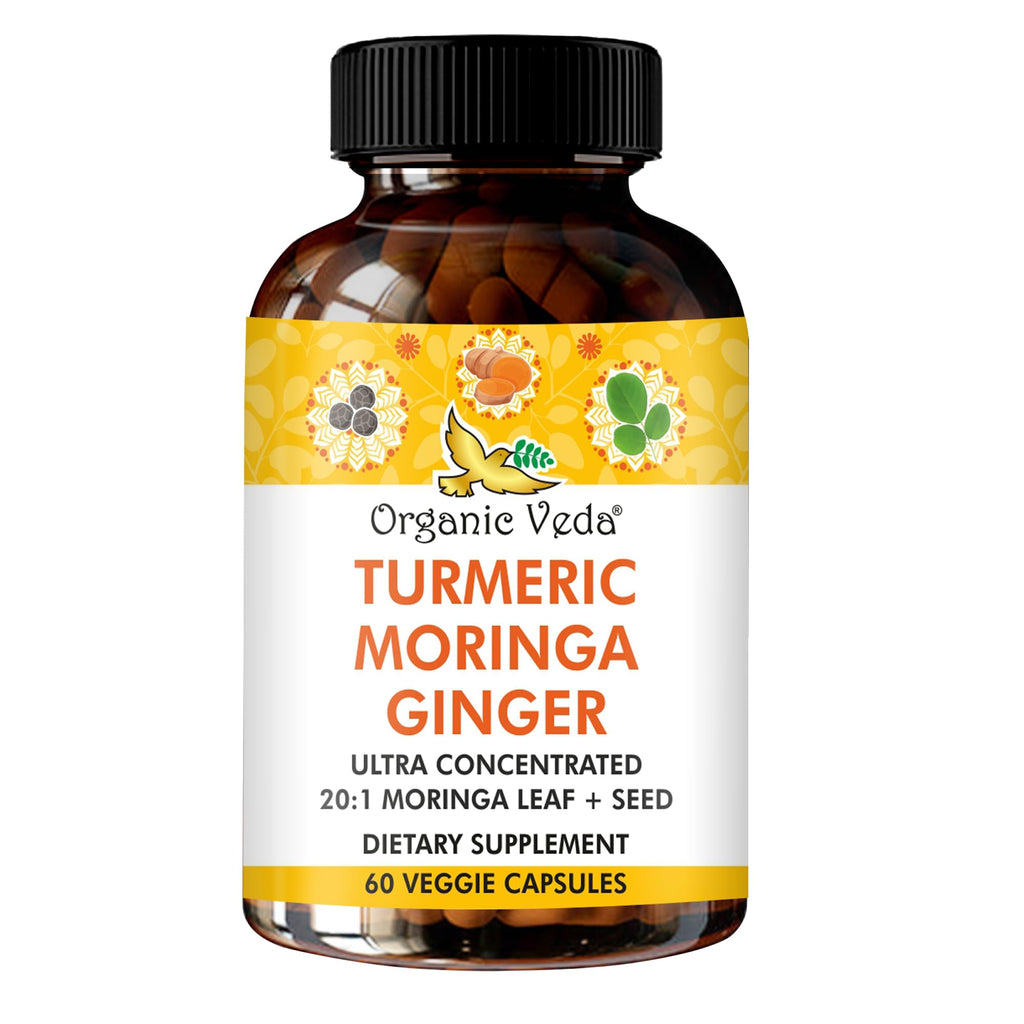 Organic Veda Turmeric Moringa Ginger Capsules - Super Antioxidants & Curcumin Supplement with 20:1 Moringa Leaf & Seed Extract, Black Pepper - Energy, Joints, Heart Health Support - 60 Vegan Pills - TrustMedUSA