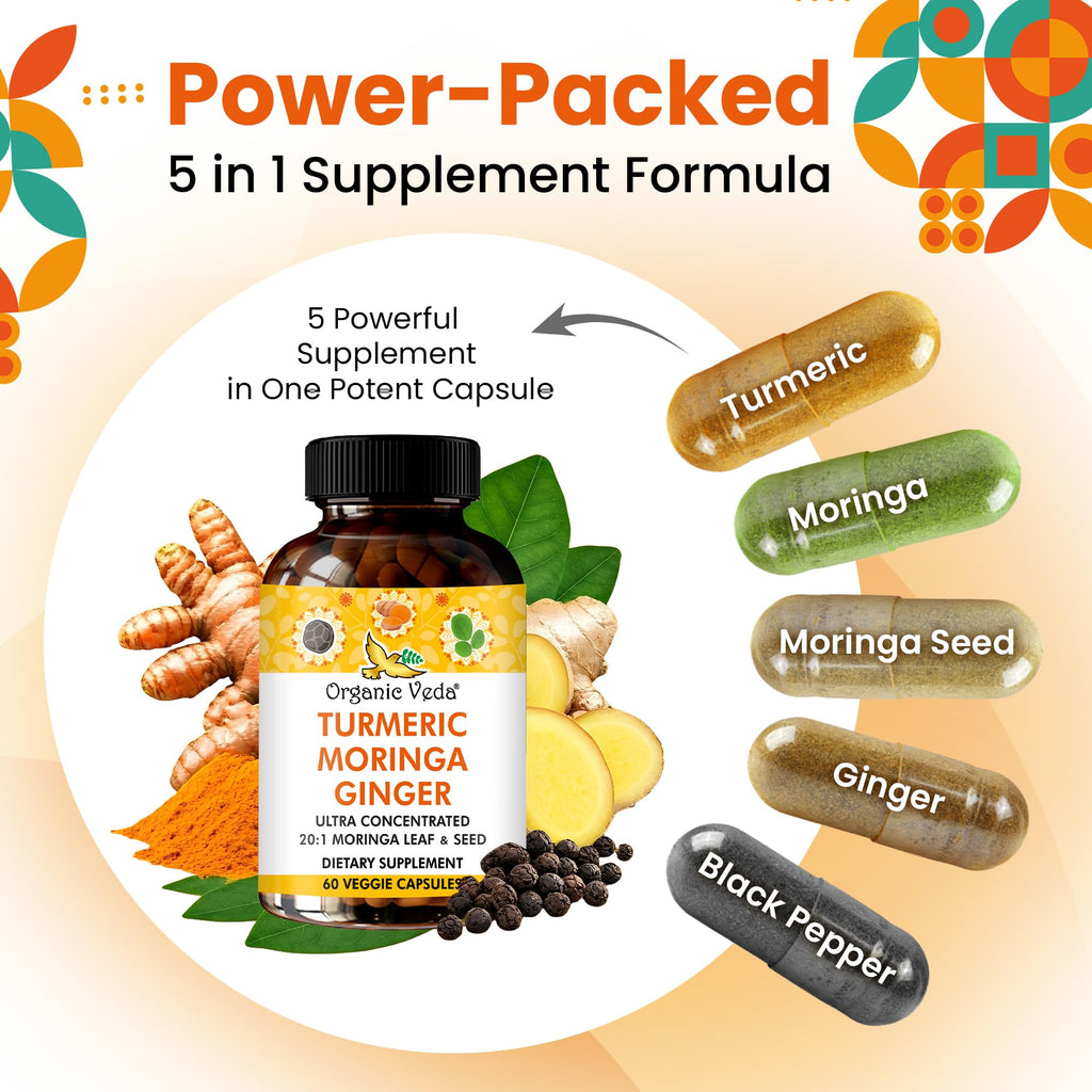 Organic Veda Turmeric Moringa Ginger Capsules - Super Antioxidants & Curcumin Supplement with 20:1 Moringa Leaf & Seed Extract, Black Pepper - Energy, Joints, Heart Health Support - 60 Vegan Pills - TrustMedUSA