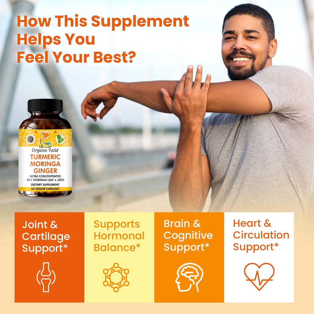 Organic Veda Turmeric Moringa Ginger Capsules - Super Antioxidants & Curcumin Supplement with 20:1 Moringa Leaf & Seed Extract, Black Pepper - Energy, Joints, Heart Health Support - 60 Vegan Pills - TrustMedUSA