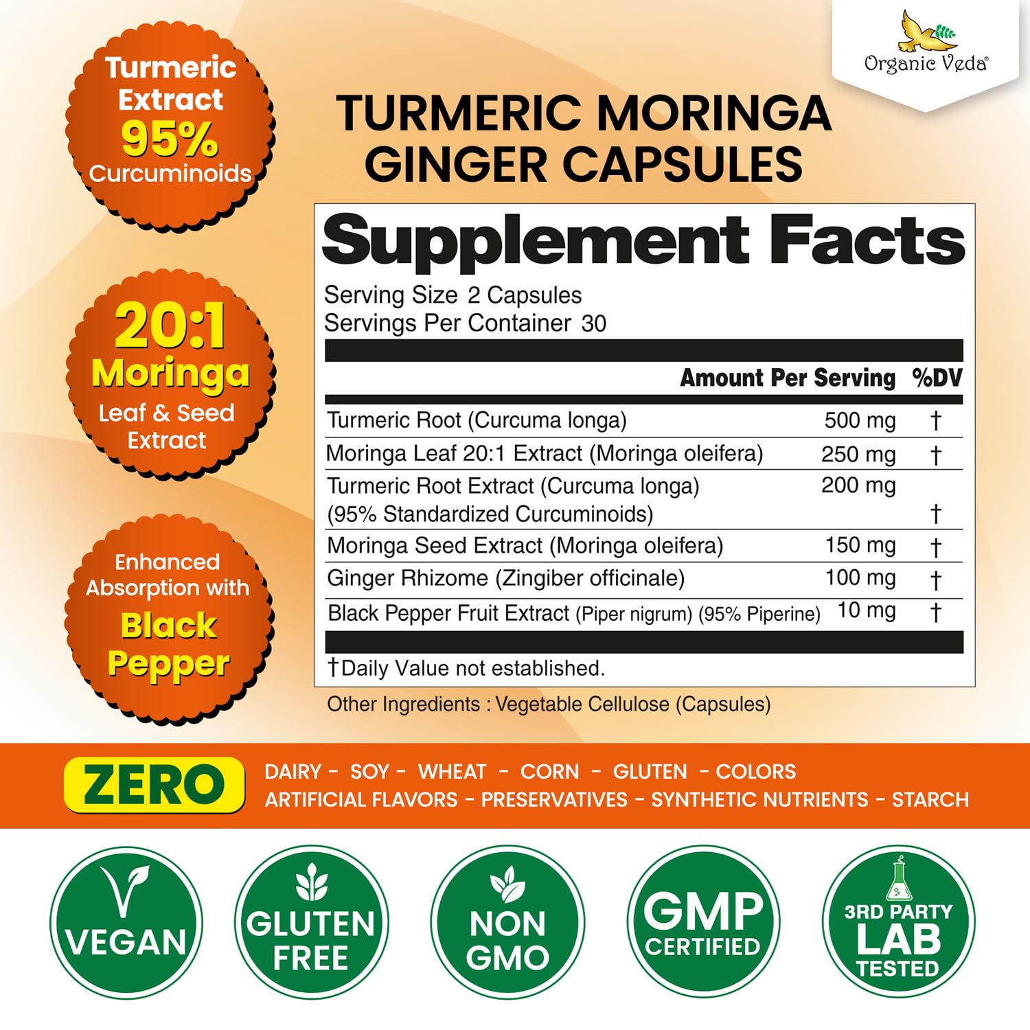 Organic Veda Turmeric Moringa Ginger Capsules - Super Antioxidants & Curcumin Supplement with 20:1 Moringa Leaf & Seed Extract, Black Pepper - Energy, Joints, Heart Health Support - 60 Vegan Pills - TrustMedUSA