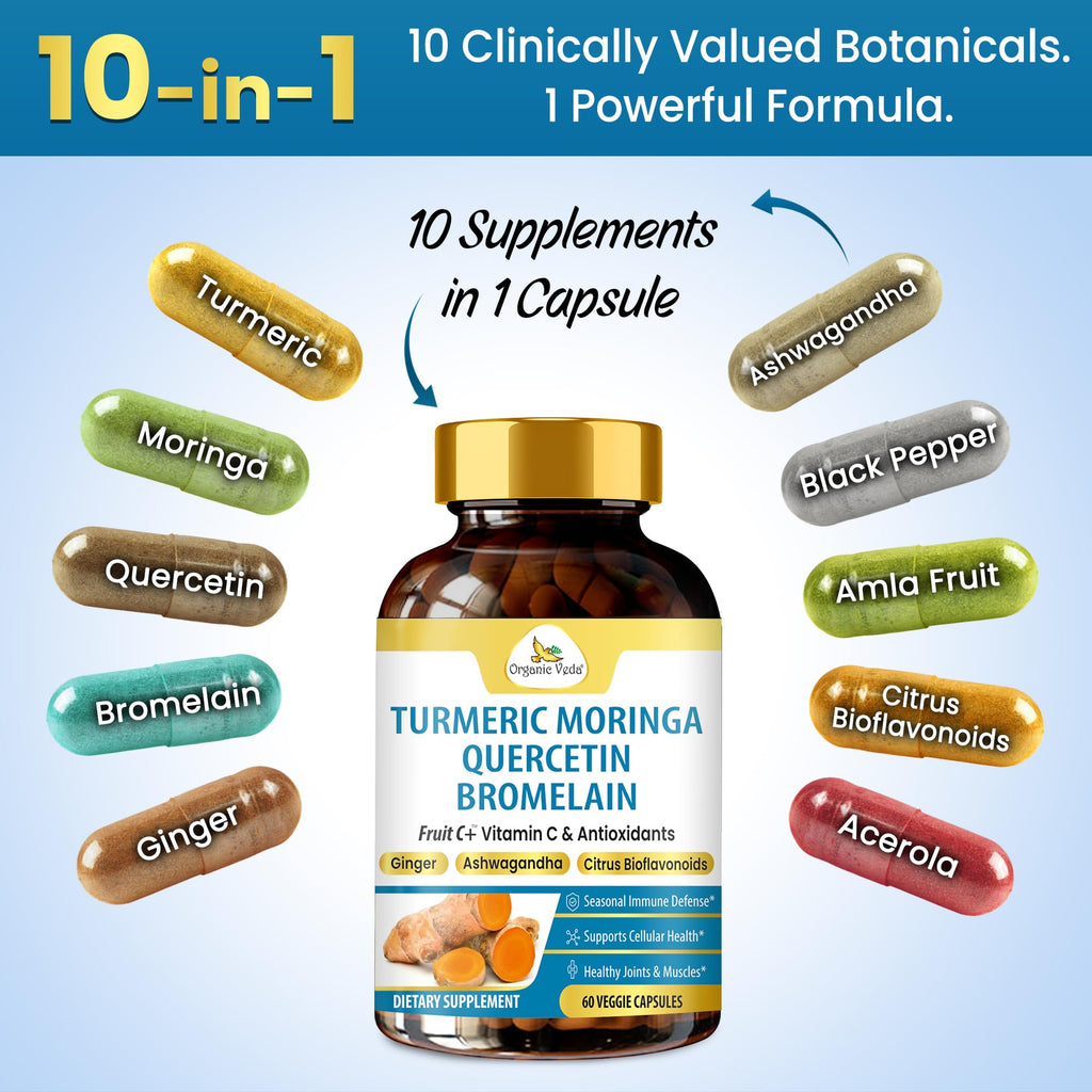 Organic Veda Turmeric Moringa Quercetin with Bromelain Capsules - Fruit C+ Vitamin C Antioxidants Immune System & Respiratory Supplement - Ashwagandha, Ginger, Citrus Bioflavonoids, 60 Vegan Capsule - TrustMedUSA