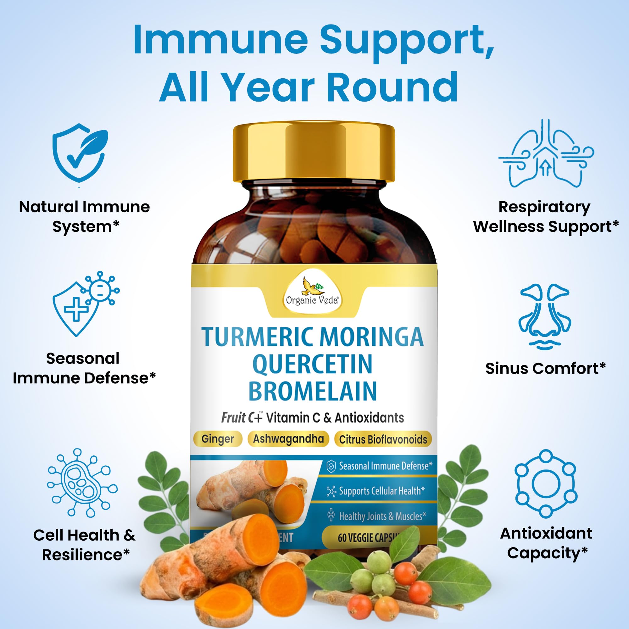 Organic Veda Turmeric Moringa Quercetin with Bromelain Capsules - Fruit C+ Vitamin C Antioxidants Immune System & Respiratory Supplement - Ashwagandha, Ginger, Citrus Bioflavonoids, 60 Vegan Capsule - TrustMedUSA