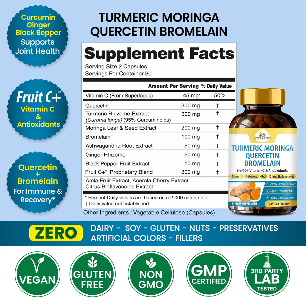 Organic Veda Turmeric Moringa Quercetin with Bromelain Capsules - Fruit C+ Vitamin C Antioxidants Immune System & Respiratory Supplement - Ashwagandha, Ginger, Citrus Bioflavonoids, 60 Vegan Capsule - TrustMedUSA