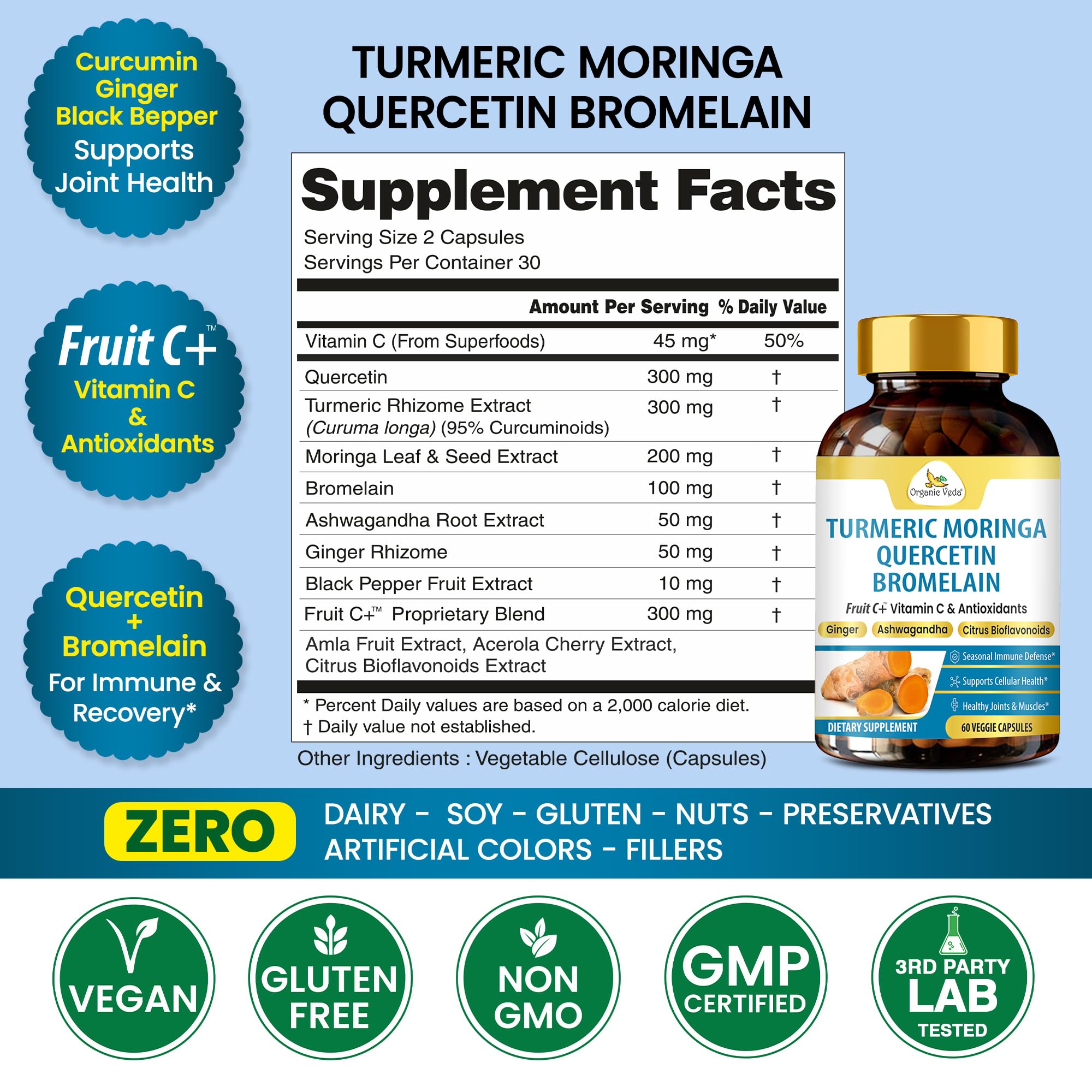 Organic Veda Turmeric Moringa Quercetin with Bromelain Capsules - Fruit C+ Vitamin C Antioxidants Immune System & Respiratory Supplement - Ashwagandha, Ginger, Citrus Bioflavonoids, 60 Vegan Capsule - TrustMedUSA