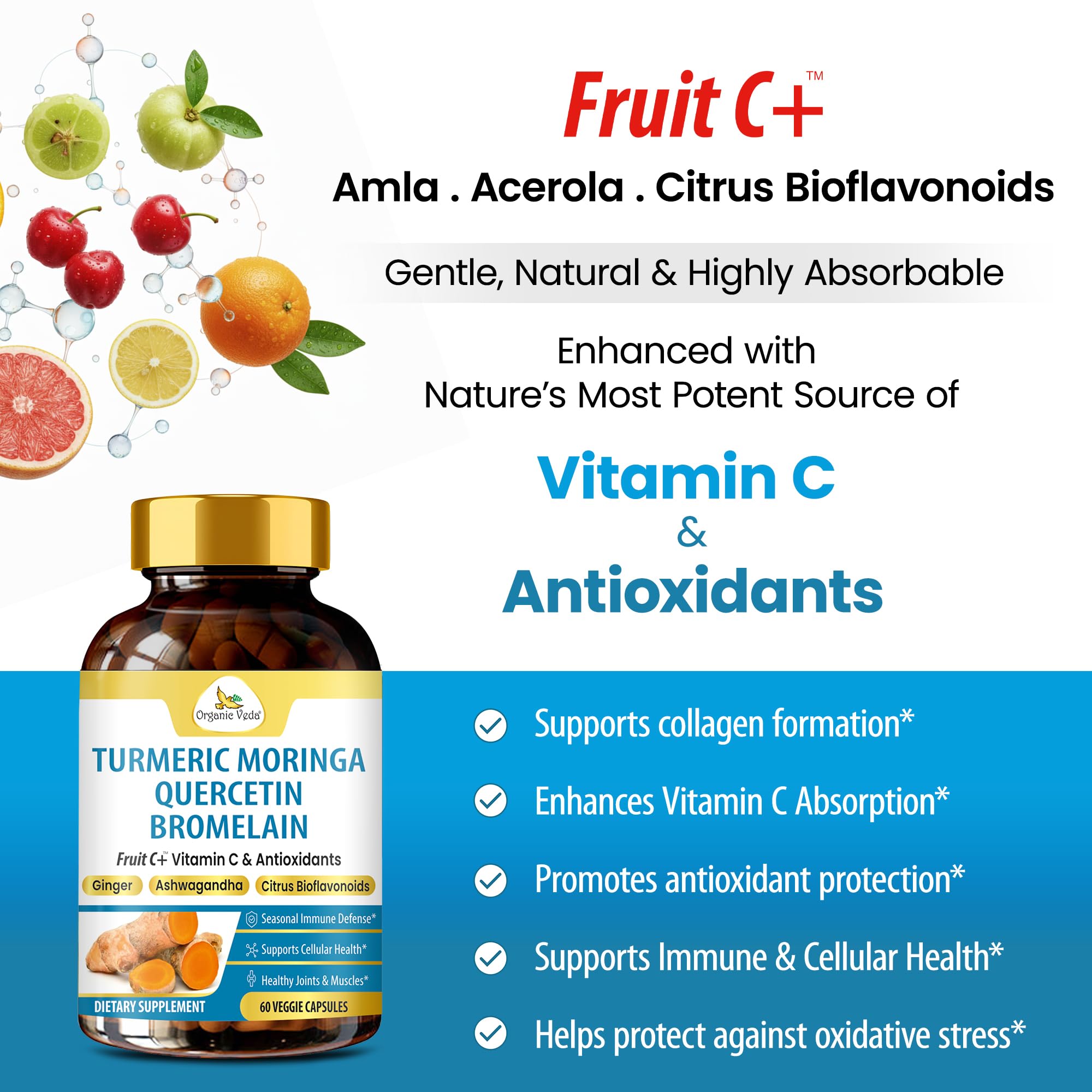 Organic Veda Turmeric Moringa Quercetin with Bromelain Capsules - Fruit C+ Vitamin C Antioxidants Immune System & Respiratory Supplement - Ashwagandha, Ginger, Citrus Bioflavonoids, 60 Vegan Capsule - TrustMedUSA