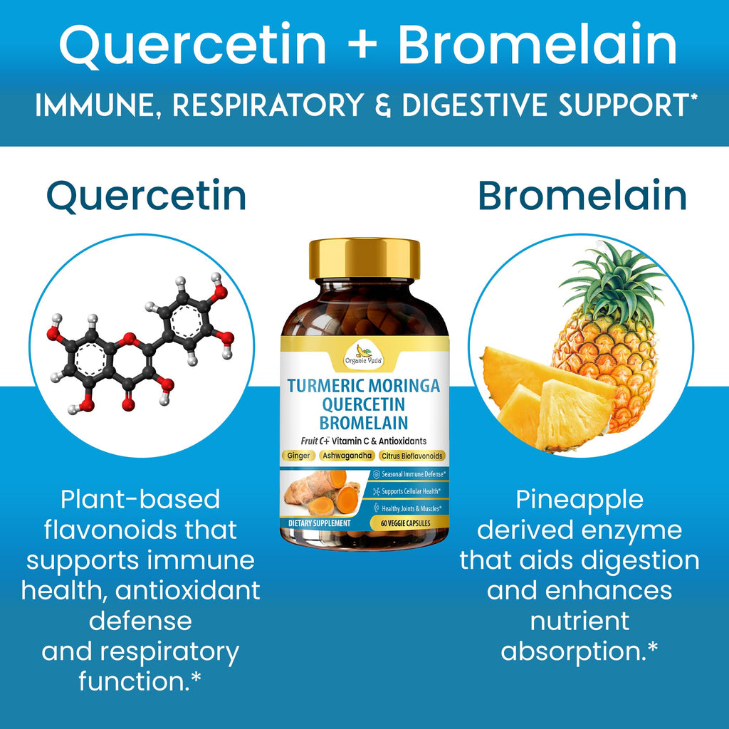 Organic Veda Turmeric Moringa Quercetin with Bromelain Capsules - Fruit C+ Vitamin C Antioxidants Immune System & Respiratory Supplement - Ashwagandha, Ginger, Citrus Bioflavonoids, 60 Vegan Capsule - TrustMedUSA