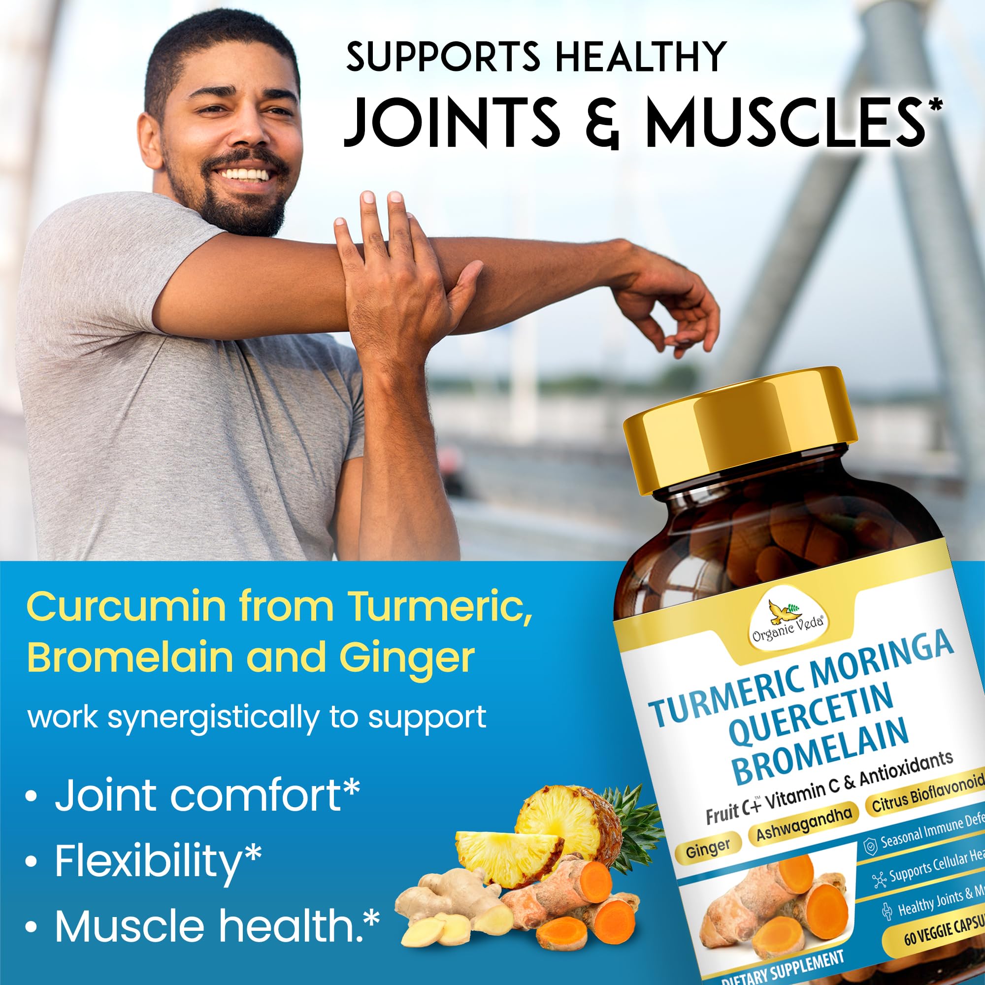 Organic Veda Turmeric Moringa Quercetin with Bromelain Capsules - Fruit C+ Vitamin C Antioxidants Immune System & Respiratory Supplement - Ashwagandha, Ginger, Citrus Bioflavonoids, 60 Vegan Capsule - TrustMedUSA