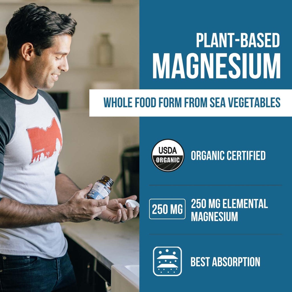 Organic Whole Food Magnesium Supplement - Plant-Based, Organic Sea Vegetable Complex - 250 mg Per Serving | Water Extracted | Gentle on Stomach | Supports Energy, Sleep, Muscle, Heart - 60 Capsules - Maple Wellness Supplements