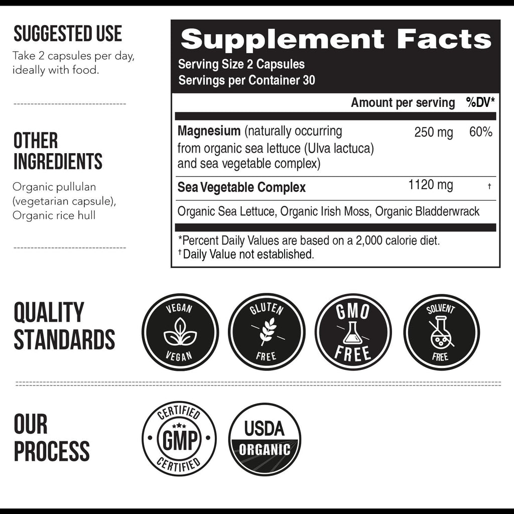 Organic Whole Food Magnesium Supplement - Plant-Based, Organic Sea Vegetable Complex - 250 mg Per Serving | Water Extracted | Gentle on Stomach | Supports Energy, Sleep, Muscle, Heart - 60 Capsules - Maple Wellness Supplements