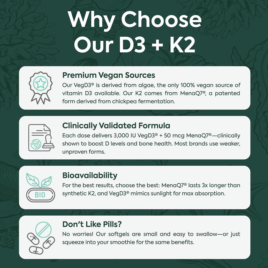 Organics Ocean Better D3 + K2-100% Organic VIT D3 and K2 Supplements with Maximum Bioavailability - Supports Bone Density, Calcium Balance, Immunity & Mood - 1-Pack, 30-Day Supply - Maple Wellness Supplements