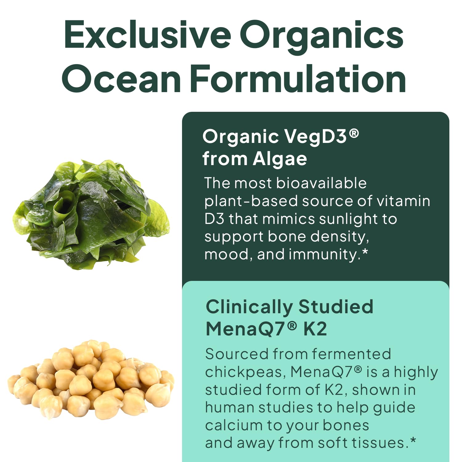 Organics Ocean Better D3 + K2-100% Organic VIT D3 and K2 Supplements with Maximum Bioavailability - Supports Bone Density, Calcium Balance, Immunity & Mood - 1-Pack, 30-Day Supply - Maple Wellness Supplements