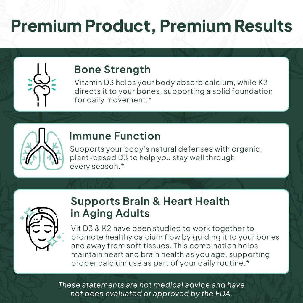 Organics Ocean Better D3 + K2-100% Organic VIT D3 and K2 Supplements with Maximum Bioavailability - Supports Bone Density, Calcium Balance, Immunity & Mood - 1-Pack, 30-Day Supply - Maple Wellness Supplements