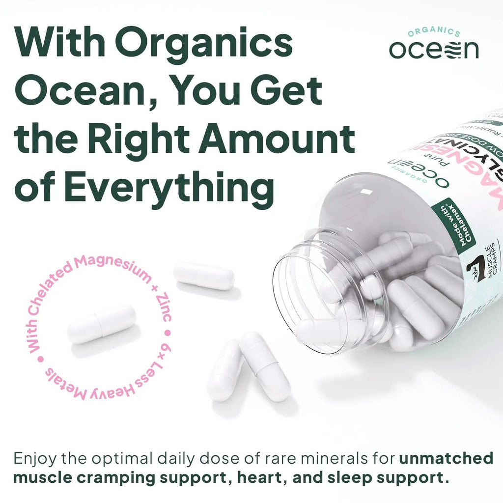 Organics Ocean Pure Magnesium Glycinate with Zinc - Maximum Strength Chelated Magnesium Supplement for Women and Men for Muscle Cramps and Sleep Support - 90 Capsule - TrustMedUSA