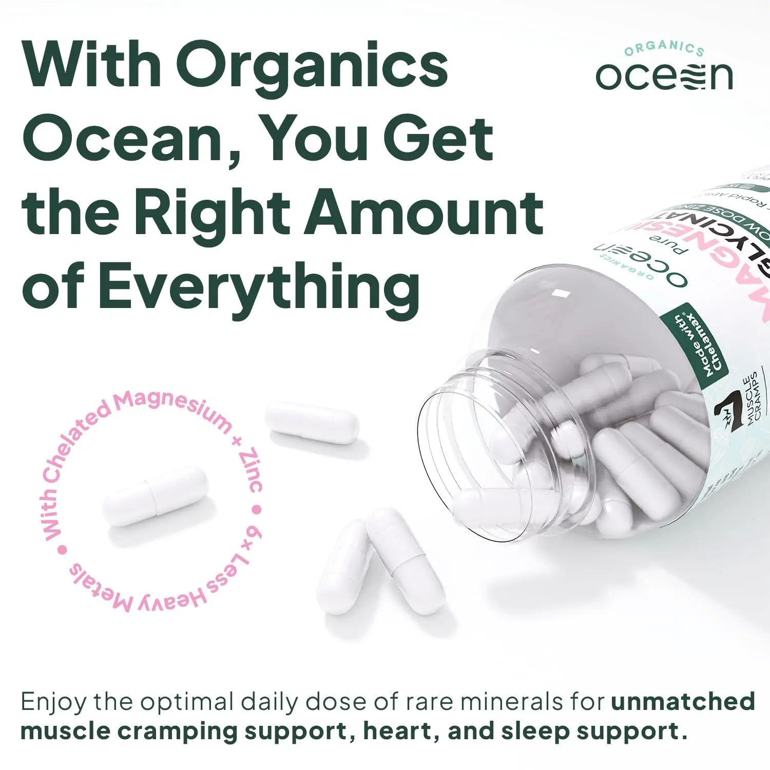 Organics Ocean Pure Magnesium Glycinate with Zinc - Maximum Strength Chelated Magnesium Supplement for Women and Men for Muscle Cramps and Sleep Support - 90 Capsule - TrustMedUSA