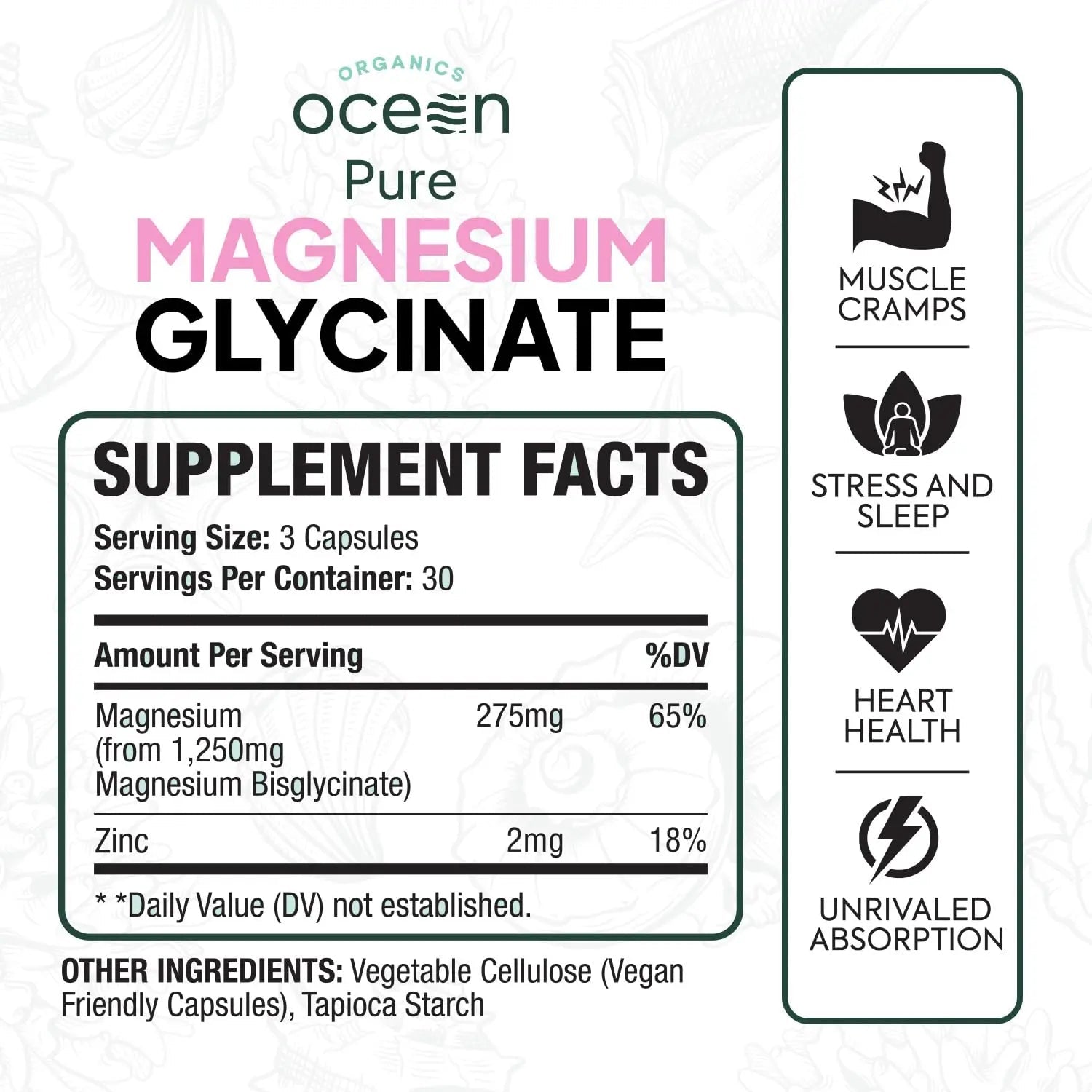 Organics Ocean Pure Magnesium Glycinate with Zinc - Maximum Strength Chelated Magnesium Supplement for Women and Men for Muscle Cramps and Sleep Support - 90 Capsule - TrustMedUSA