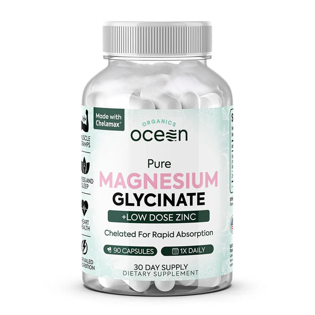Organics Ocean Pure Magnesium Glycinate with Zinc - Maximum Strength Chelated Magnesium Supplement for Women and Men for Muscle Cramps and Sleep Support - 90 Capsule - TrustMedUSA