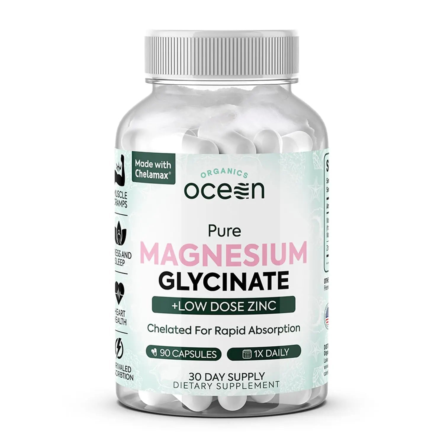 Organics Ocean Pure Magnesium Glycinate with Zinc - Maximum Strength Chelated Magnesium Supplement for Women and Men for Muscle Cramps and Sleep Support - 90 Capsule - TrustMedUSA