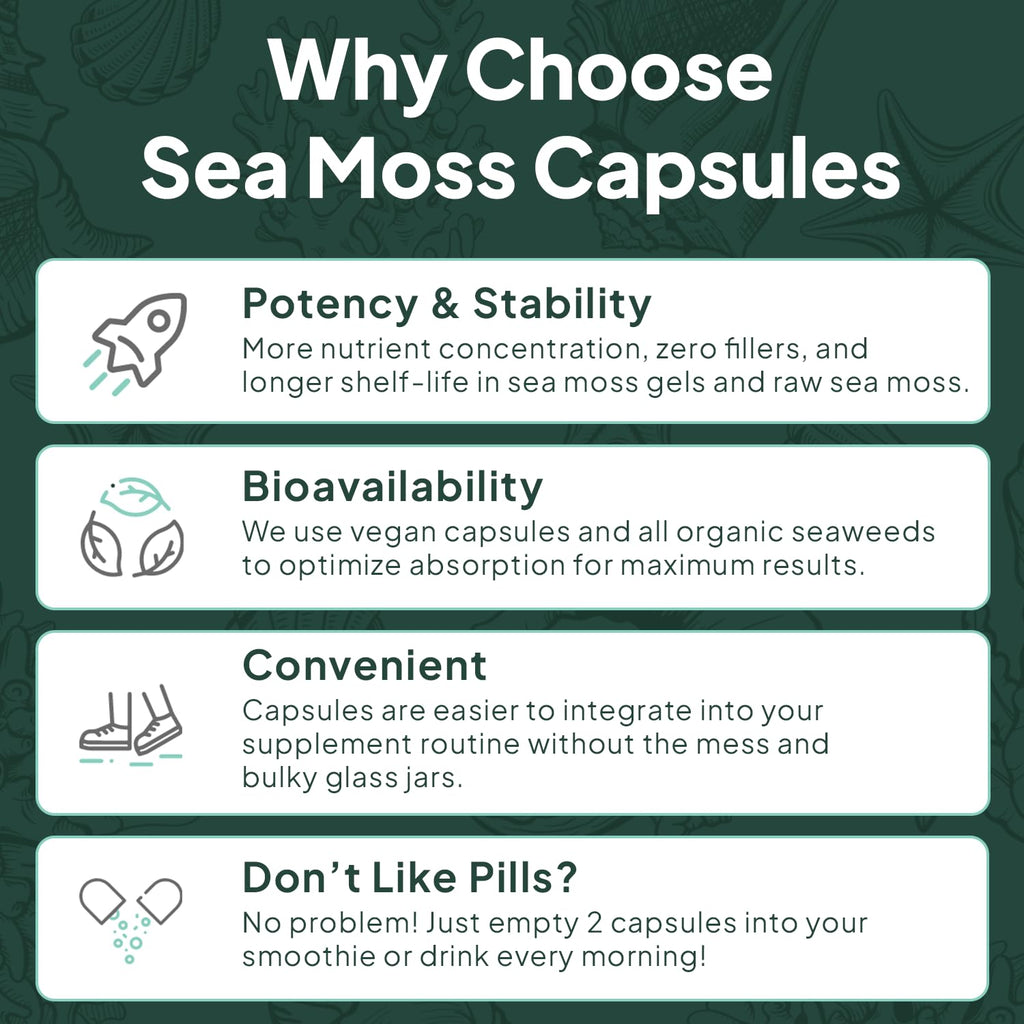Organics Ocean Wild Sea Moss Capsules - 100% Organic Irish Sea Moss with Organic Chlorella, Bladderwrack and Vitamin D for Energy, Lung Health and Thyroid Support for Women and Men - 60 Capsules - TrustMedUSA