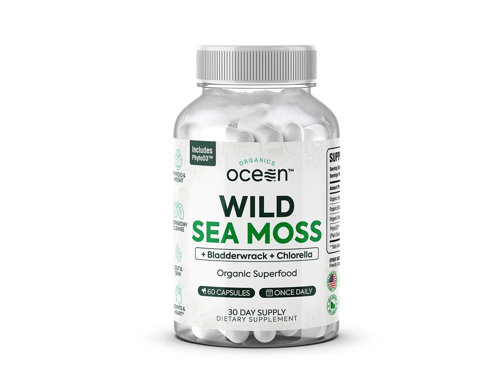 Organics Ocean Wild Sea Moss Capsules - 100% Organic Irish Sea Moss with Organic Chlorella, Bladderwrack and Vitamin D for Energy, Lung Health and Thyroid Support for Women and Men - 60 Capsules - TrustMedUSA