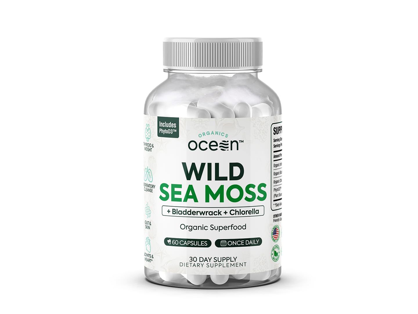 Organics Ocean Wild Sea Moss Capsules - 100% Organic Irish Sea Moss with Organic Chlorella, Bladderwrack and Vitamin D for Energy, Lung Health and Thyroid Support for Women and Men - 60 Capsules - TrustMedUSA