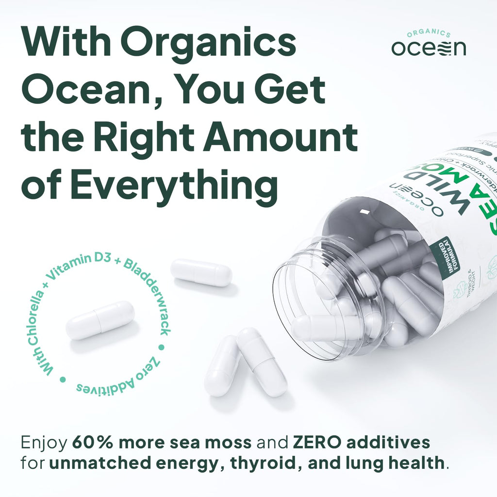 Organics Ocean Wild Sea Moss Capsules - 100% Organic Irish Sea Moss with Organic Chlorella, Bladderwrack and Vitamin D for Energy, Lung Health and Thyroid Support for Women and Men - 60 Capsules - TrustMedUSA