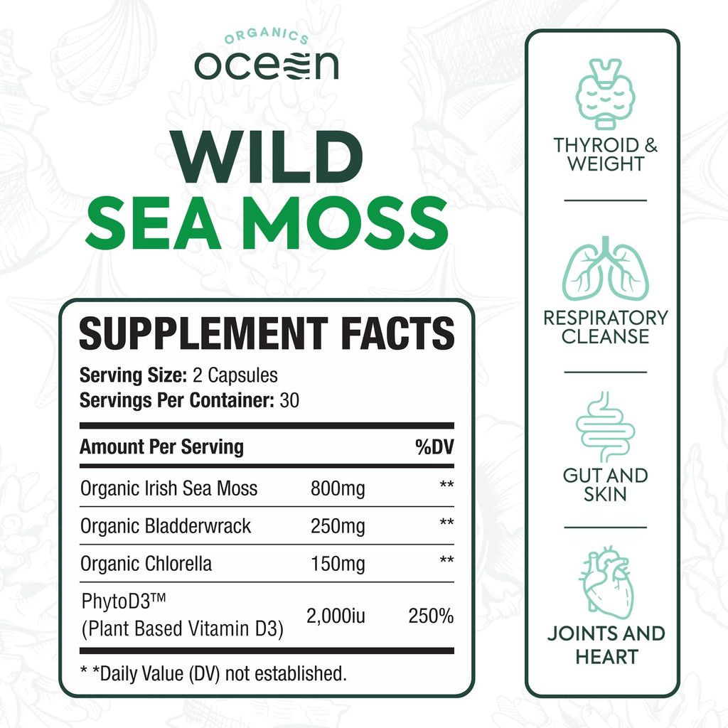 Organics Ocean Wild Sea Moss Capsules - 100% Organic Irish Sea Moss with Organic Chlorella, Bladderwrack and Vitamin D for Energy, Lung Health and Thyroid Support for Women and Men - 60 Capsules - TrustMedUSA