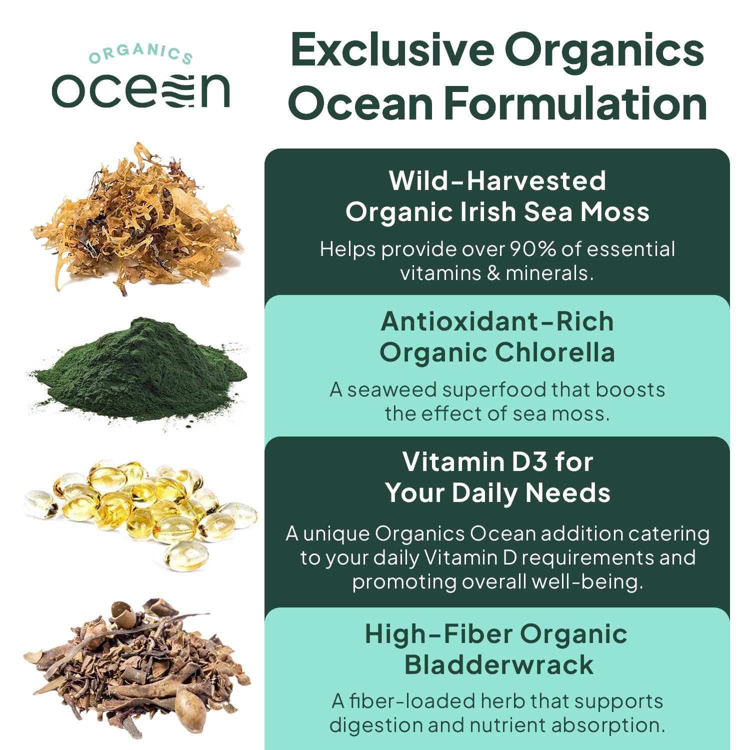 Organics Ocean Wild Sea Moss Capsules - 100% Organic Irish Sea Moss with Organic Chlorella, Bladderwrack and Vitamin D for Energy, Lung Health and Thyroid Support for Women and Men - 60 Capsules - TrustMedUSA