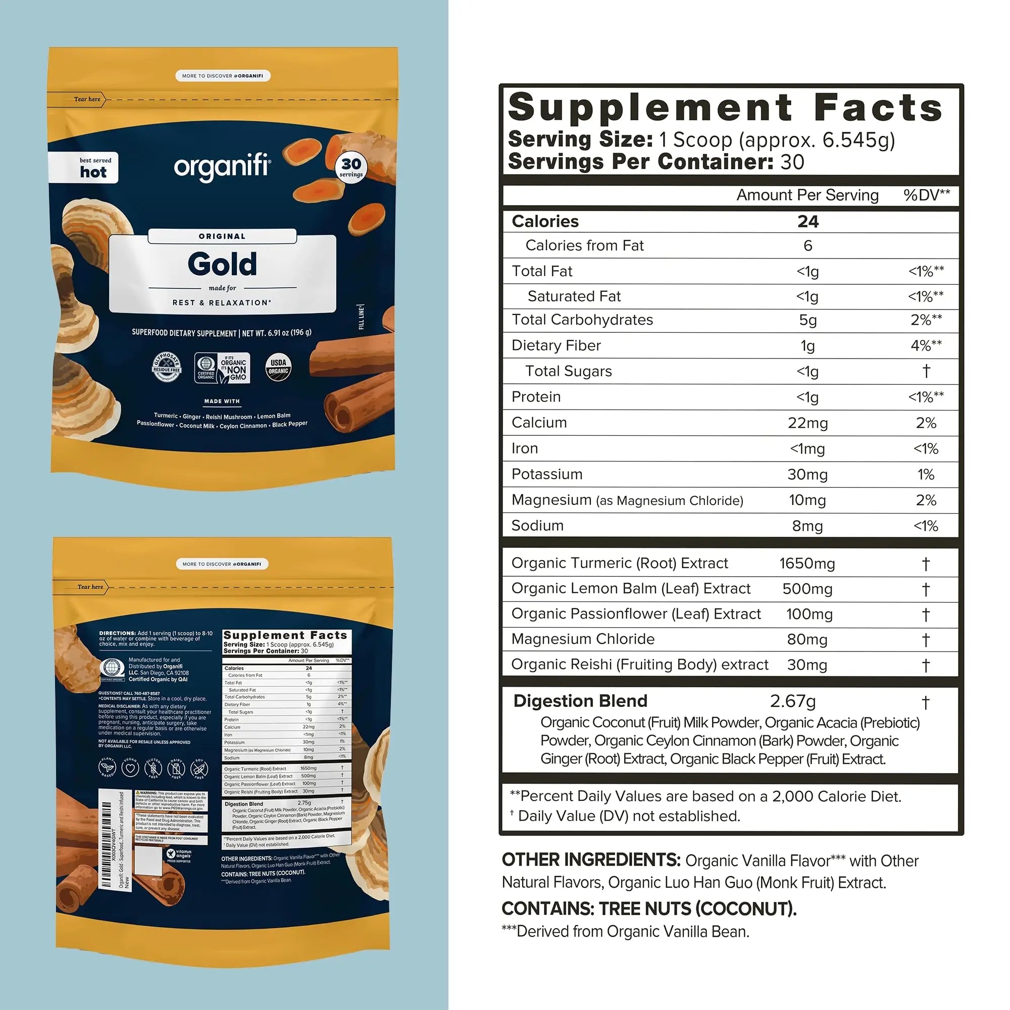 Organifi: Gold - Superfood Supplement Powder- 90 Servings (3 Pack) - Stress Support - TrustMedUSA