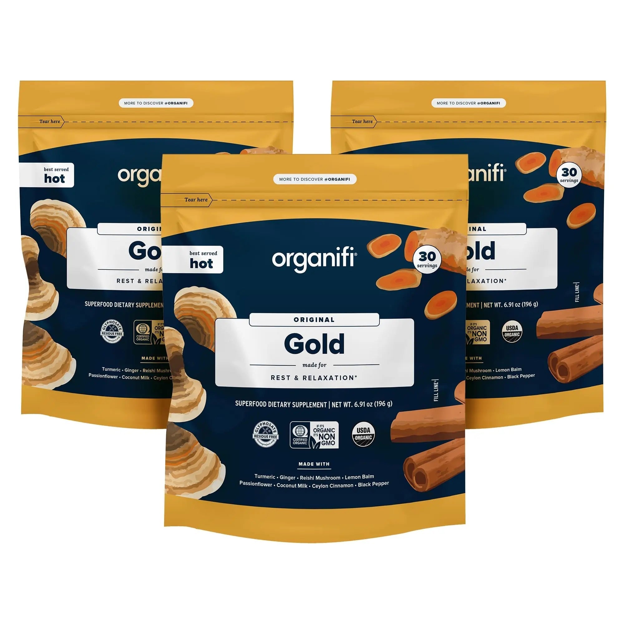 Organifi: Gold - Superfood Supplement Powder- 90 Servings (3 Pack) - Stress Support - TrustMedUSA