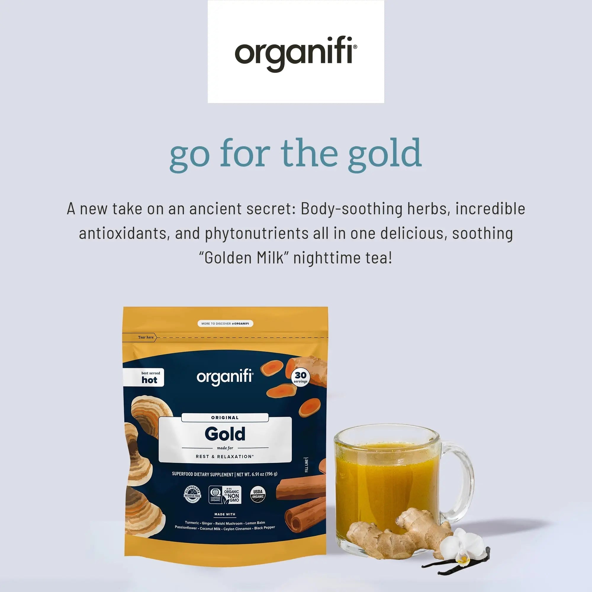 Organifi: Gold - Superfood Supplement Powder- 90 Servings (3 Pack) - Stress Support - TrustMedUSA